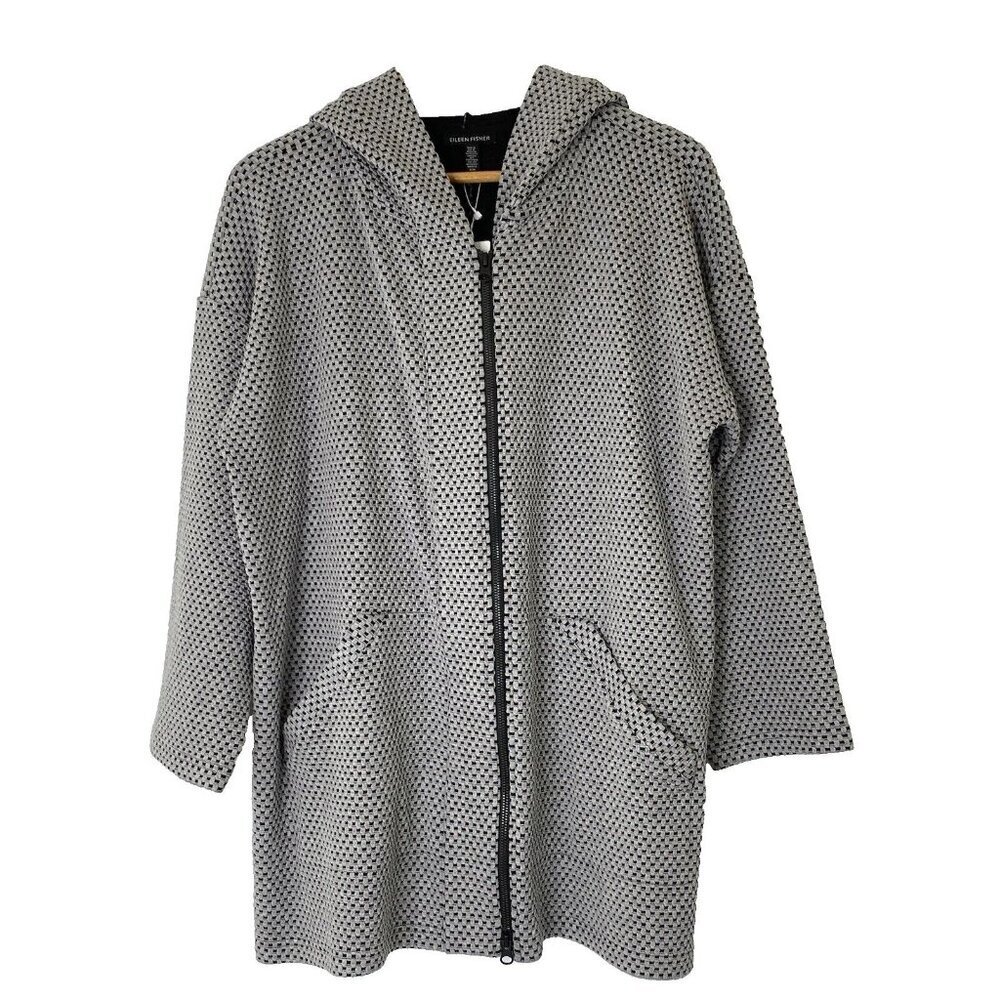 Eileen Fischer Zip Front Hooded Knit Jacket Top Womens size Medium Stretch Gray